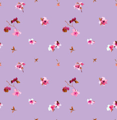 Bright summer Illustration. Watercolor seamless floral pattern with Hand drawn rose petals isolated on a lilac background. Backdrop for Textile print for bed linen, jacket, package design, fabric and