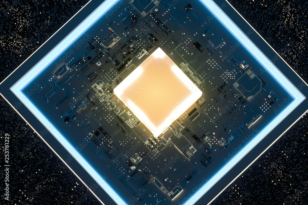 Poster golden glowing circuit components, 3d rendering