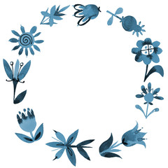 Watercolor floral wreath made of abstract colorful plants and flowers. Folk style botanical decoration Isolated on green. Perfect for postcards, greeting cards, wedding invitations, romantic events