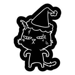 tough cartoon icon of a cat wearing santa hat