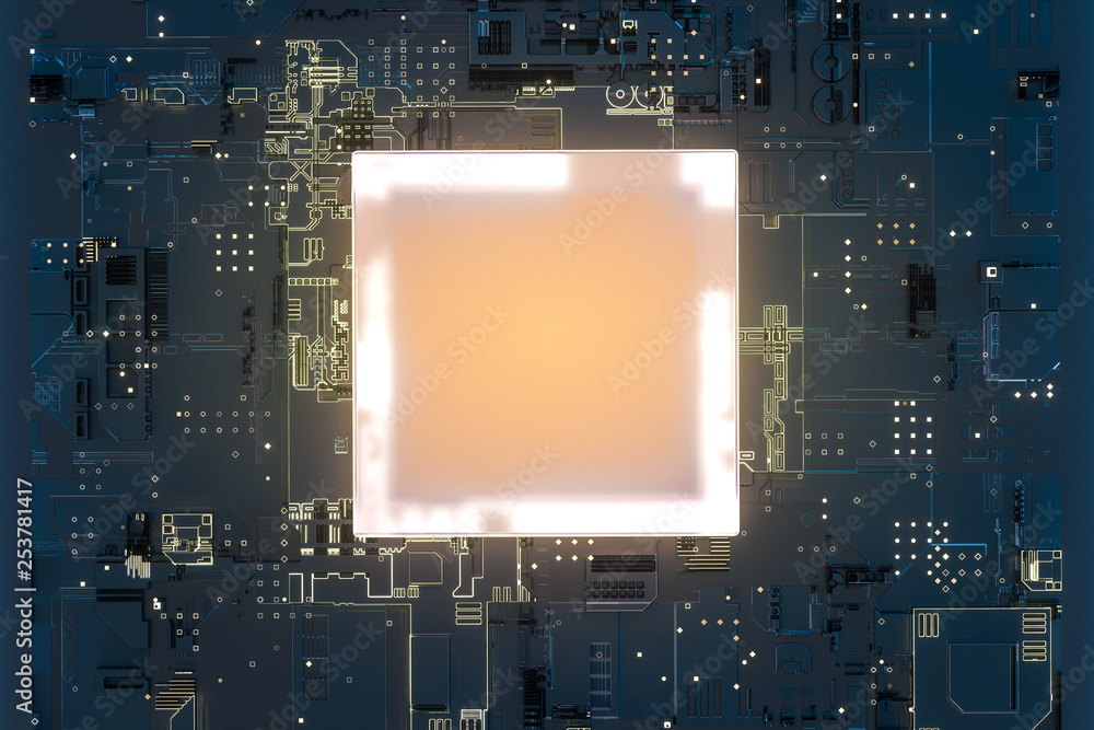 Poster golden glowing circuit components, 3d rendering