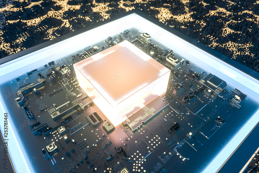 Poster golden glowing circuit components, 3d rendering