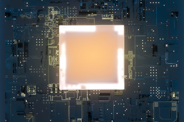 golden glowing circuit components, 3d rendering