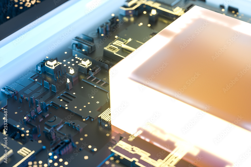Poster golden glowing circuit components, 3d rendering