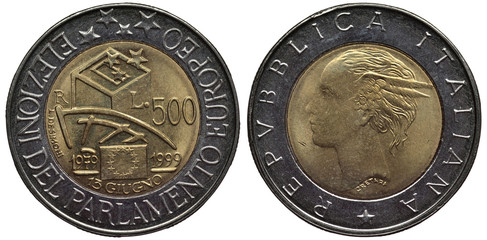 Italy Italian bimetallic coin 500 five hundred lire 1999, subject European Parliamentary Elections, designs, value and date within center ring, allegorical female portrait,