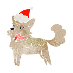 retro cartoon of a happy dog wearing santa hat