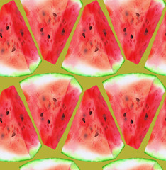 Watercolor fruit seamless pattern. Hand drawn textured watermelons pieces. Food background for fabric, textile, menu, desserts, cafes, wrapping and surface.