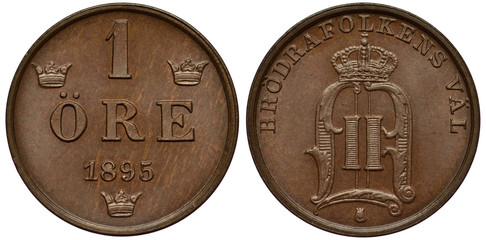 Sweden Swedish coin 1 one ore 1895, value and date flanked by three small crowns, crowned monogram...