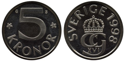 Sweden Swedish coin 5 five kronor 1998, denomination flanked by stars, crowned monogram of King...