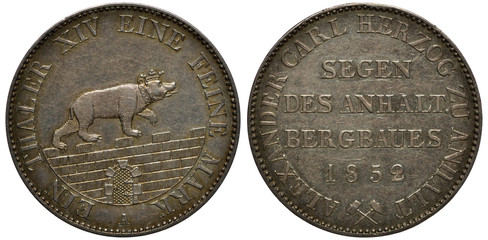 Germany German Anhalt silver coin 1 one thaler 1852, crowned bear crawling on fortress wall with...