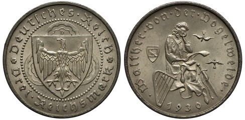 Germany German Weimar Republic silver coin 3 three mark 1930, subject Medieval poet  Walter von der Vogelweide, shield with eagle, figure holding scroll flanked by lute, sword and birds,