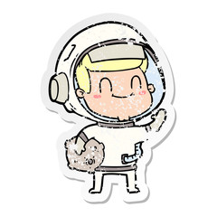 distressed sticker of a happy cartoon astronaut man
