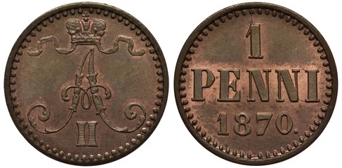 Finland Finnish coin 1 one penny 1870, Russian administration, crowned monogram of Emperor...