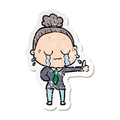 distressed sticker of a cartoon old woman crying