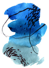 Watercolor artwork. Freehand abstract watercolor paint brush strokes with curved lines, dashed forms, hatch and stains. Paper texture. Great for interior decor, poster, banner, brochure, prints.