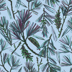 Floral seamless pattern with spruce branches and pine cones. Botanical illustration drawn with color pencils in vintage style. Great for bedding, fabric, textile, wallpaper, interior decor, wrapping,