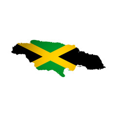 Vector isolated simplified illustration icon with silhouette of Jamaica map. National flag (black, yellow, green colors). White background