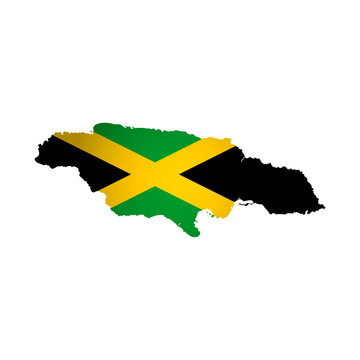 recommend clip art: Vector isolated simplified illustration icon with silhouette of Jamaica map. National flag (black, yellow, green colors). White background