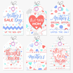 Set of creative Mothers Day cards.Hand drawn lettering with hearts,dots,stripes and clouds  backgrounds.Seasons greetings cards perfect for prints, flyers,banners,invitations,special offer and more.