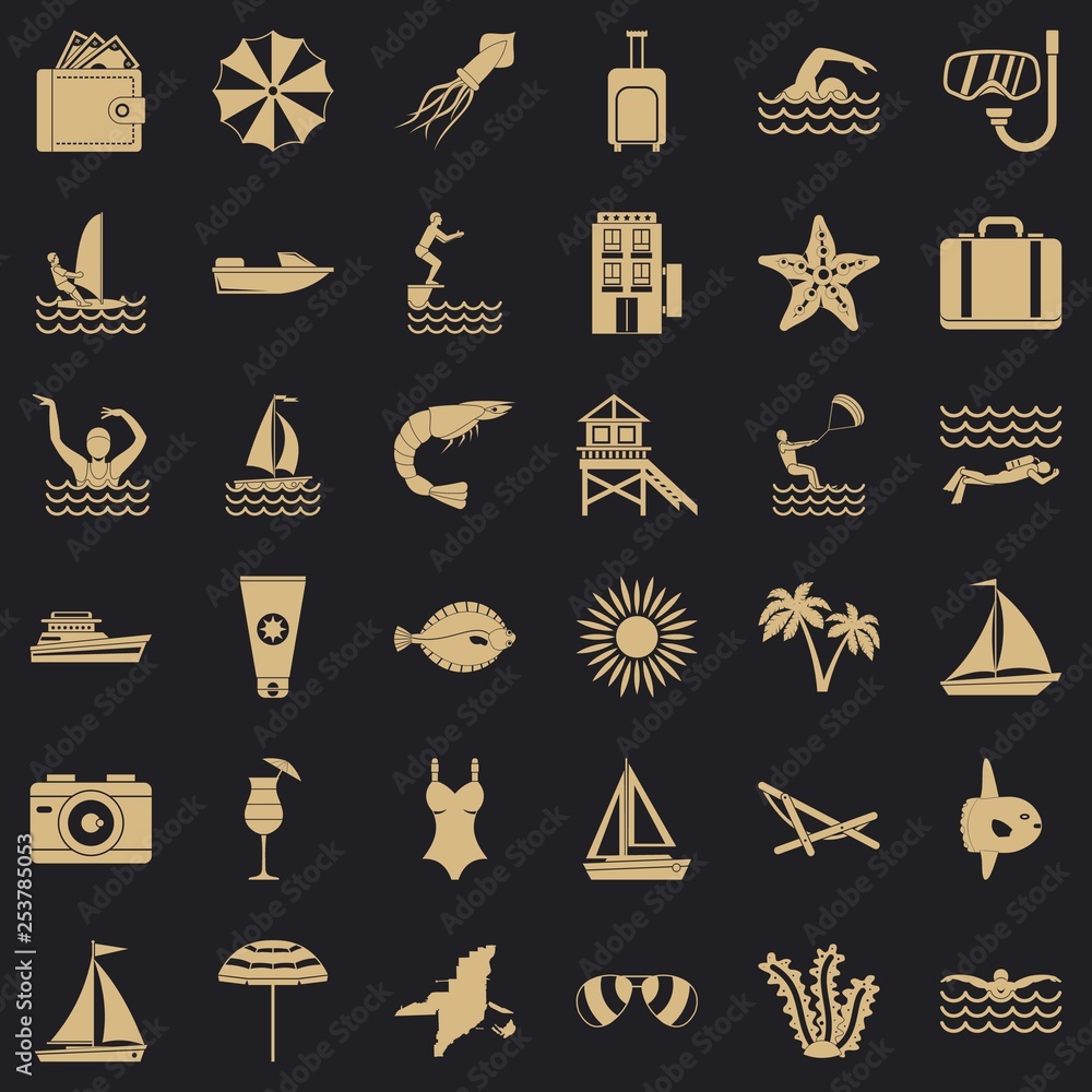 Poster summer beach icons set. simple style of 36 summer beach vector icons for web for any design