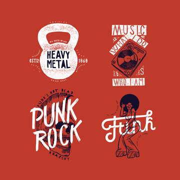 Music t-shirt print design set: heavy metal kettlebell, music is what I do - turntable DJ, punk rock mohawk skull, funk girl afro haircut 80s girl.