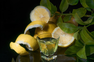 Traditional homemade lemon liqueur limoncello and fresh lemons on the black backgound