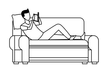 faceless man reading sofa in black and white