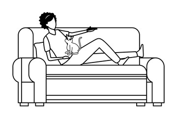 faceless woman and cat sofa in black and white