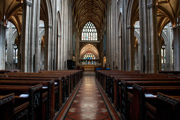 Central nave leading to the chancel and altar, St Mary Redcliffe Church, Bristol, UK