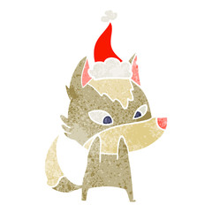 shy retro cartoon of a wolf wearing santa hat
