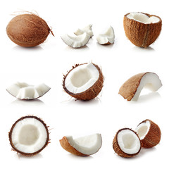 Set of coconut pieces isolated on white - obrazy, fototapety, plakaty