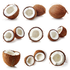 Set of coconut pieces isolated on white