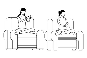 faceless women reading and playing living room in black and white