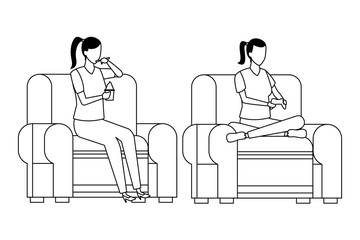 faceless women playing living room in black and white