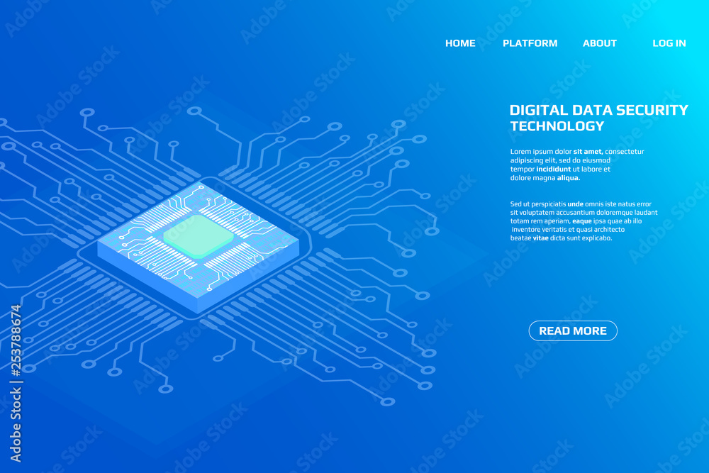 Fototapete Digital Isometric CPU Microprocessor UI Security Storage System Data Access Protection Gadgets.Abstract Scifi Authentication Futuristic Circuit Board Panel Element Illustration Background.