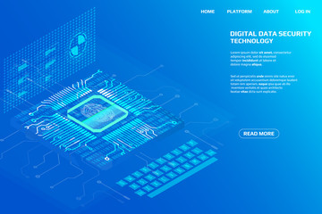 Digital Isometric Fingerprint UI Scanning Security System Data Access Protection Gadgets.Abstract HUD Authentication Futuristic CPU Circuit Board Panel Element Illustration Background.