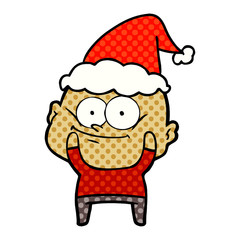 comic book style illustration of a bald man staring wearing santa hat