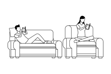 faceless couple reading living room in black and white