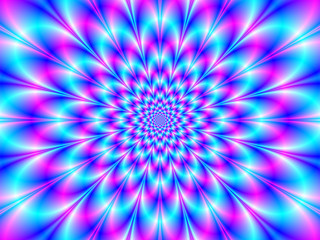Neon Rosette in Blue and Pink / An abstract fractal image with a neon rosette design in blue and pink.
