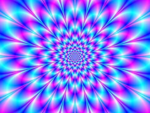 Neon Rosette in Blue and Pink / An abstract fractal image with a neon rosette design in blue and pink.