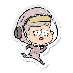 distressed sticker of a cartoon tired astronaut