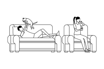 faceless people relax with dog living room in black and white