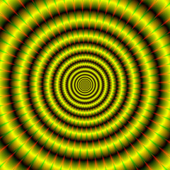 Concentric Rings in Yellow Green and Orange / An abstract digital image with an optically challenging concentric ring design in yellow with green and orange highlights.