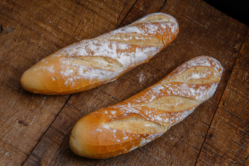 Fresh bread or french baguett and flour