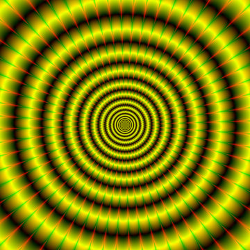 Concentric Rings in Yellow Green and Orange / An abstract digital image with an optically challenging concentric ring design in yellow with green and orange highlights.