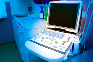 The ultrasound machine in the doctor's office. Ultrasound scanner. Sonograph. Ultrasound diagnosis. Medical equipment. Diagnostics with ultrasonic waves. Health care.