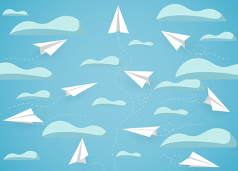paper plane white competition charged up to the sky while flying above a cloud. business finance success. leadership. creative idea. startup. illustration cartoon vector
