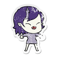distressed sticker of a cartoon laughing vampire girl