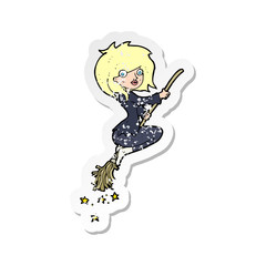 retro distressed sticker of a cartoon witch riding broomstick