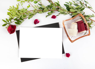 Burgundy wedding invitation mockup with pettals